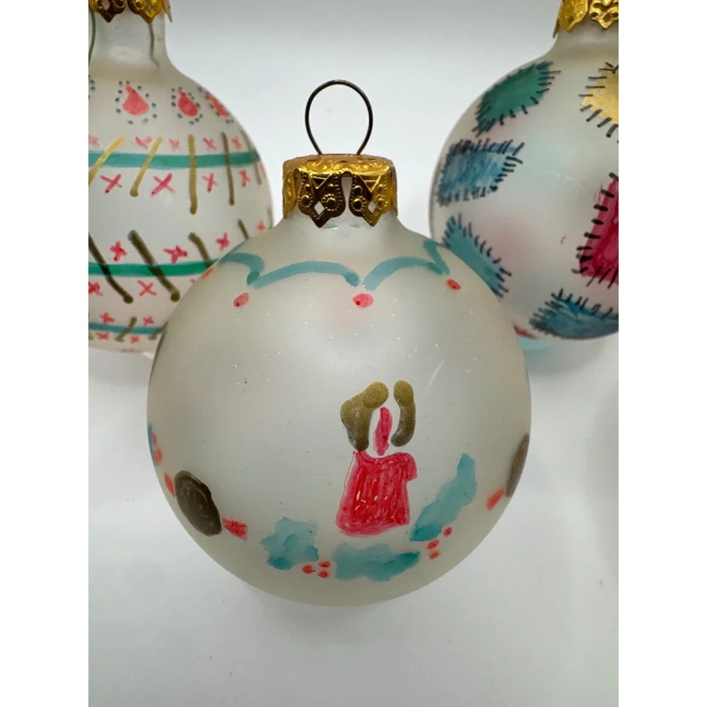 Vintage 1994 Polites Hand Painted Frosted Glass Christmas Ornaments Set of 4